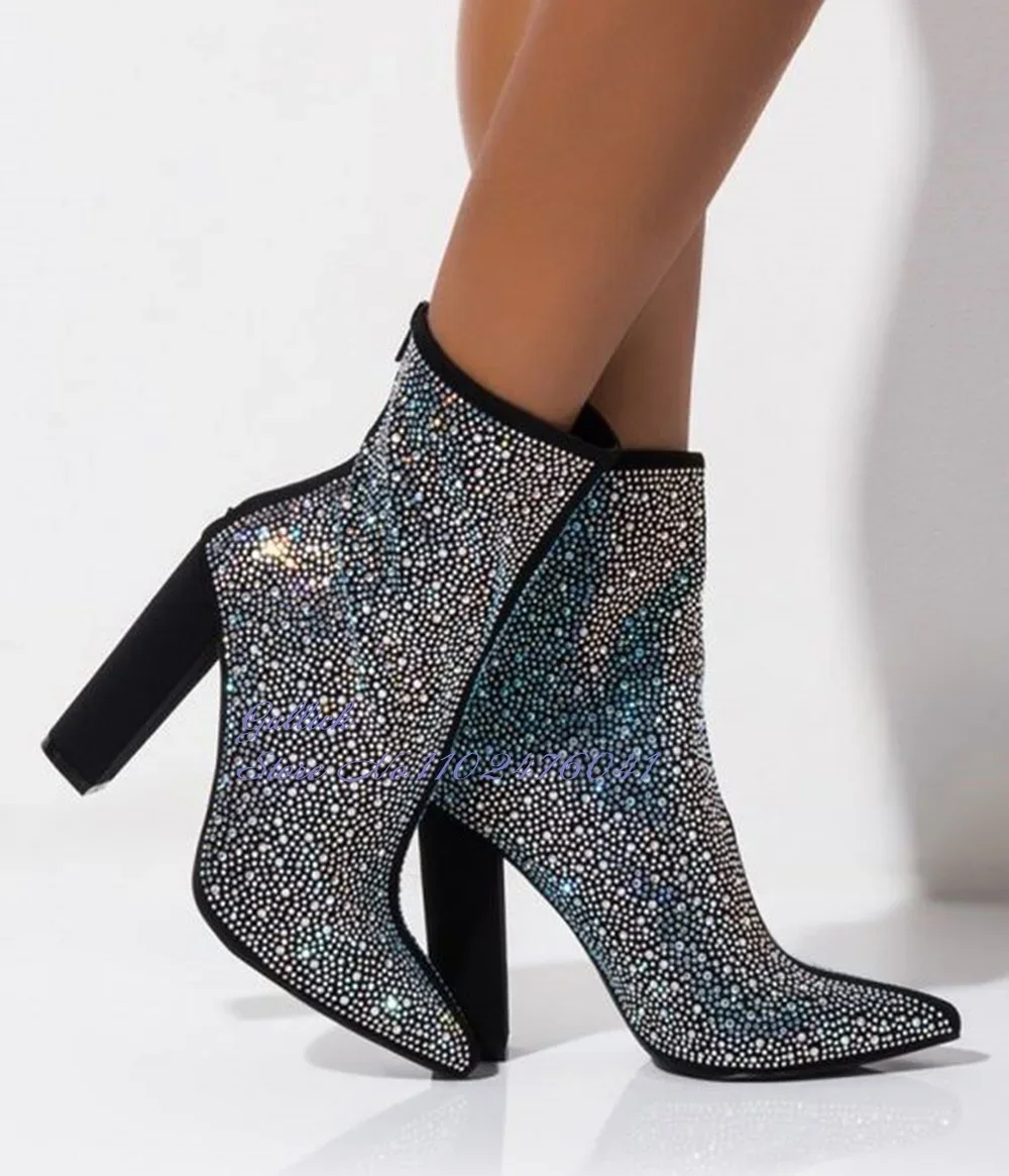 

Women Nude Black Multi-Crystal Ankle Boots Block Heels Pointed Toe Bling Bling Rhinestone Short Booties Glittering Diamond Shoes