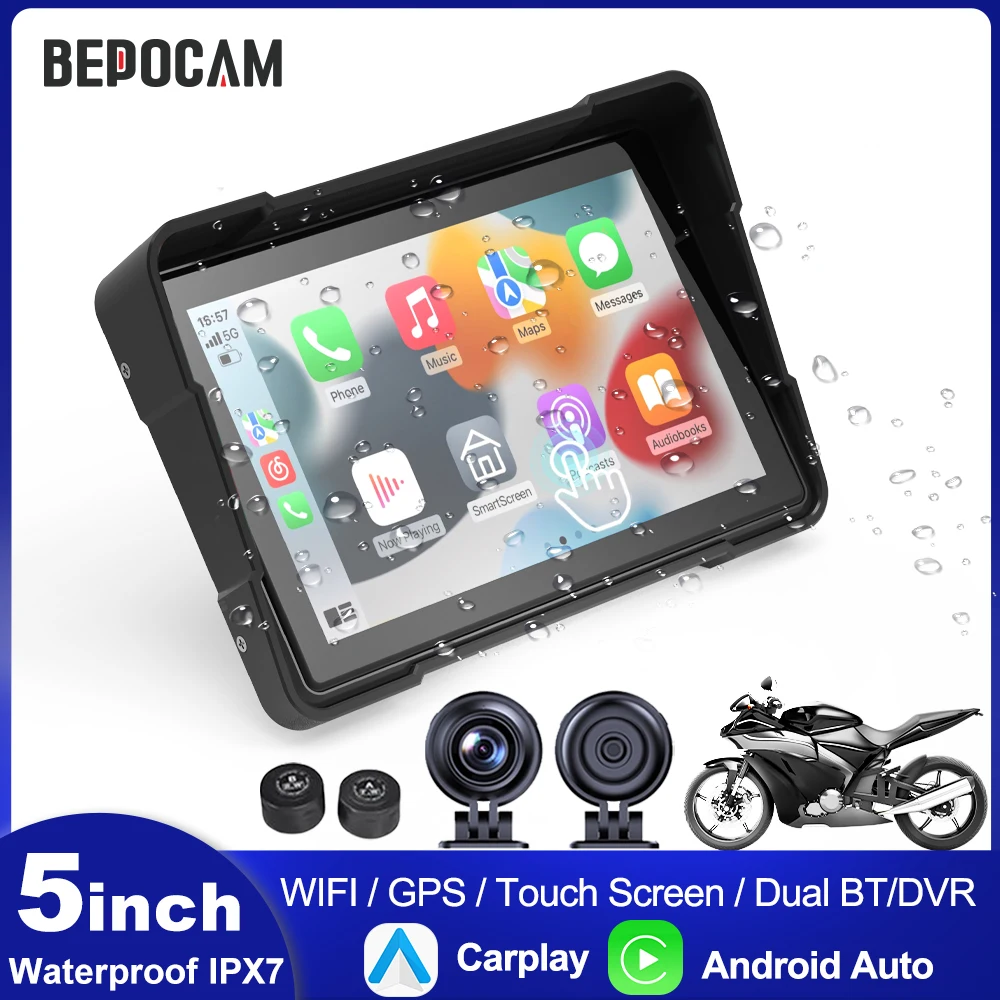 

BEPOCAM 5-дюймовый мотоциклетный видеорегистратор с GPS-навигацией, мультимедийный плеер, беспроводной CarPlay, Android, автоэкран, видеорегистратор, IPX7, водонепроницаемый