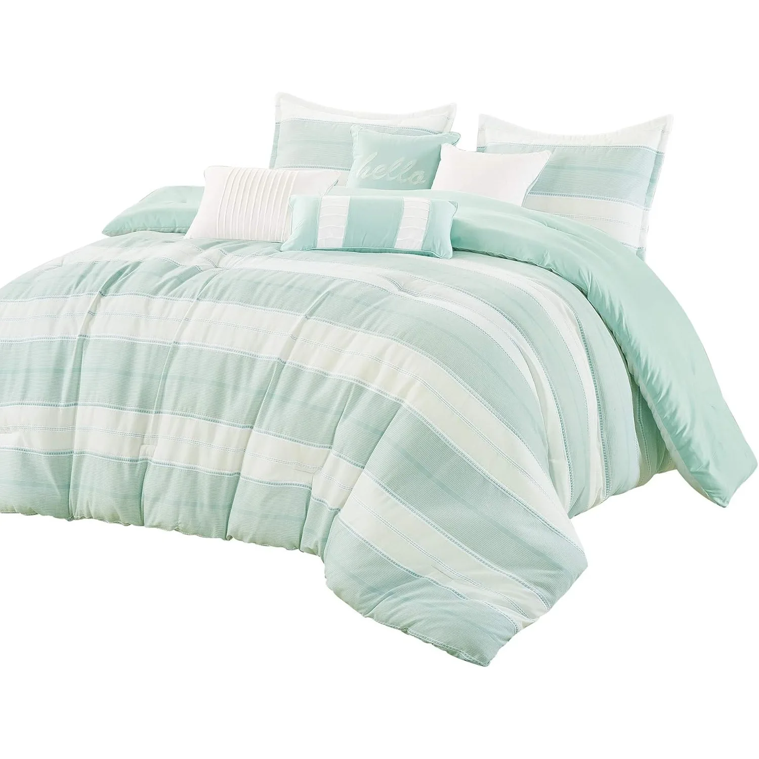 Queen Comforter Set 7 Piece Stripes Cotton Blend Soft Lightweight Down Alternative Beige Aqua light Mint Green