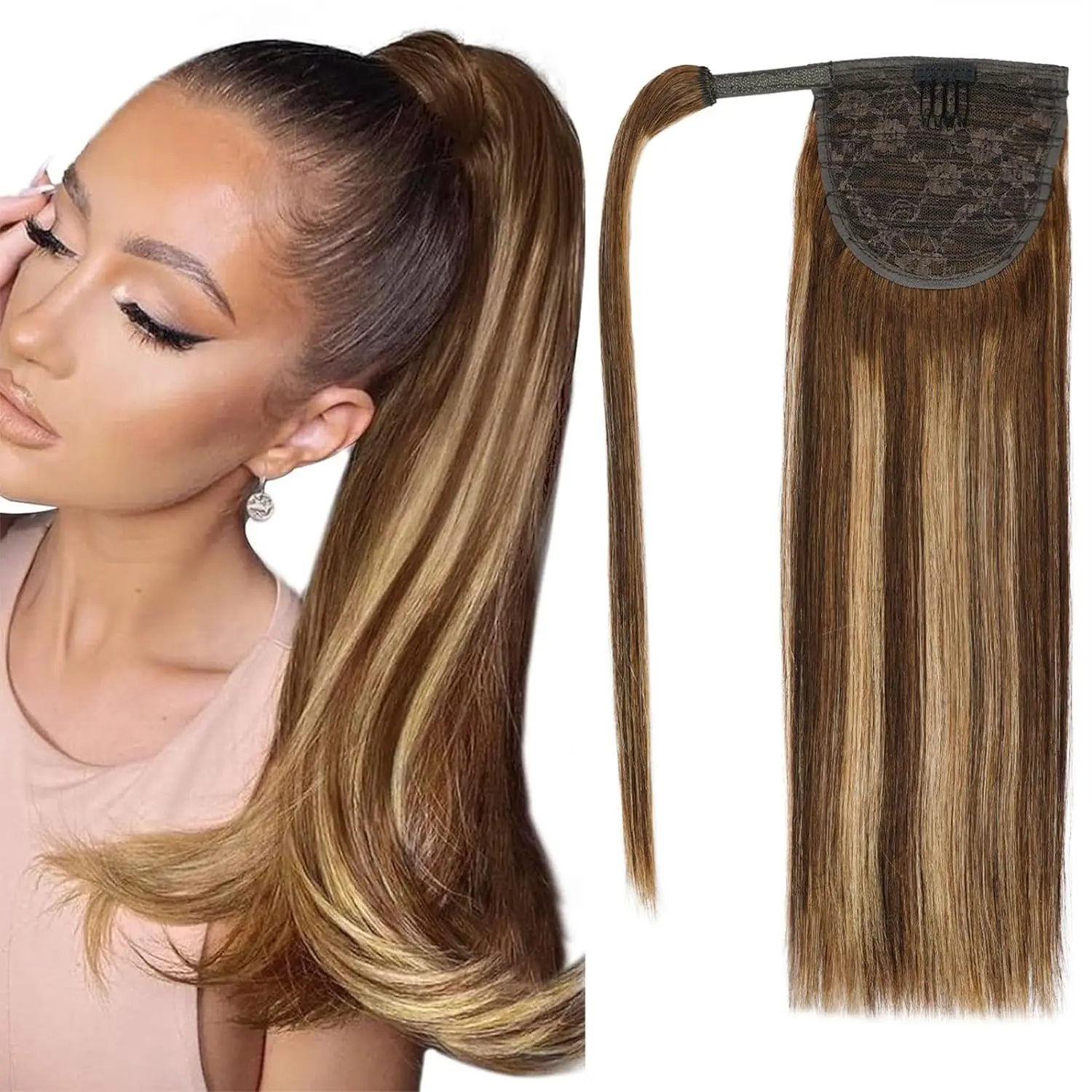 

Veravicky Natural Human Hair Ponytail Hair Extensions Piano Color Brown Blonde Real Remy Hair Wrap Pony Clip In Hair Extension