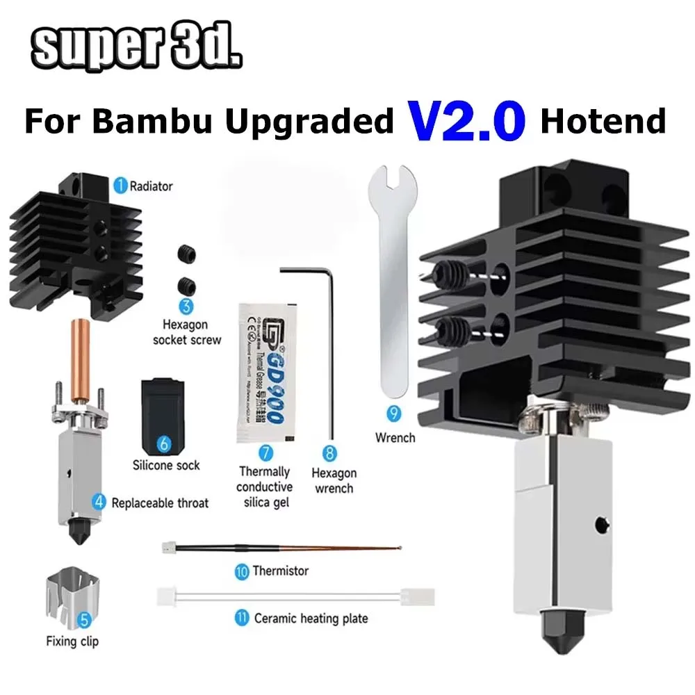 

Hotend Upgrade V2.0 For Bambu Lab x1 Bi Metal Throat Nozzle Hardened Steel 500°C For Bambu Bamboo Carbon X1C P1P Hotend Kit