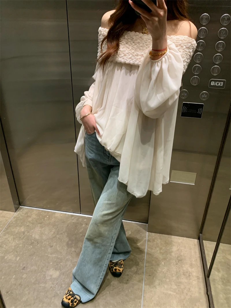 

Летняя женская рубашка в корейском стиле с V-образным вырезом и длинными рукавами, свободная, универсальная, стройнящая, с кружевной отделкой, поясом и винтажным расклешенным подолом