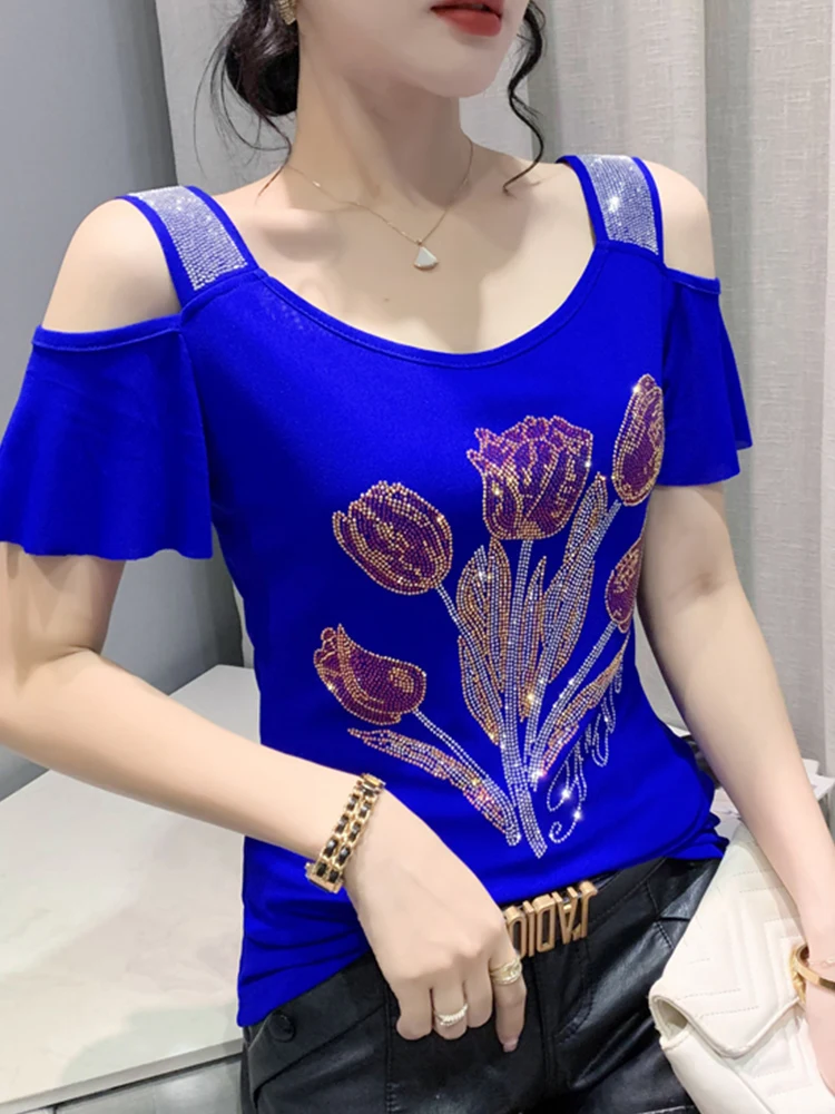 Camiseta Sexy de Um Ombro para Mulheres, Bordada com Pedrarias Pesadas, Cor Pura Geométrica...