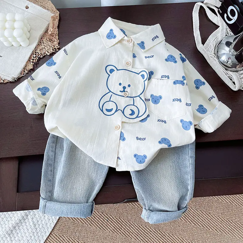 

Children's Clothing Set Spring and Autumn New Girl Set Boys' Baby Long sleeved Shirt Jeans Stylish Two piece Set