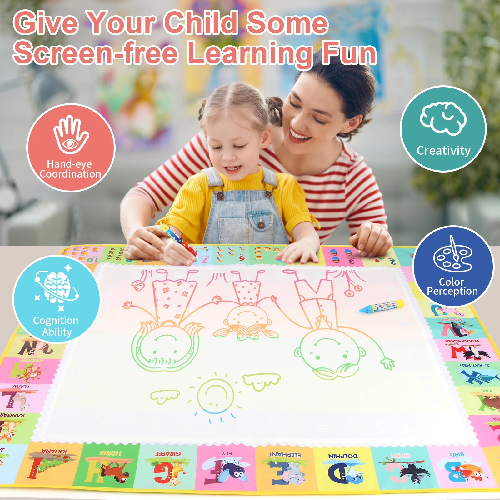 100x80CM Magic Water Drawing Mat with Reusable Magic Pens Doodle Montessori Painting Board Educational Toys Kids Gifts 39X31in