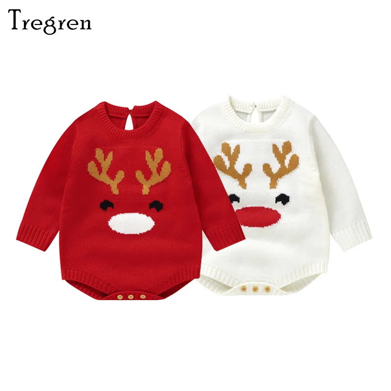 

Tregren 0-18M Infant Baby Christmas Romper Long Sleeve Crew Neck Deer Print Knit Bodysuit Newborn Boy Girl Playsuit Fall Winter