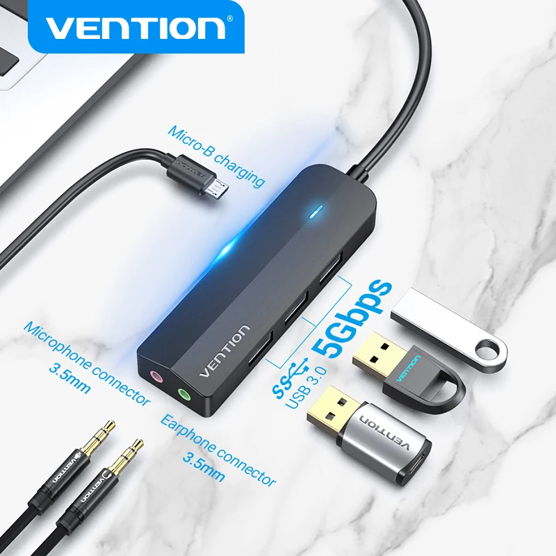 Vention USB 3.0 허브 2 in 1 외장 스테레오 오디오 어댑터 (노트북 PC용) 3.5mm 오디오 잭 헤드폰 마이크 USB 사운드 카드