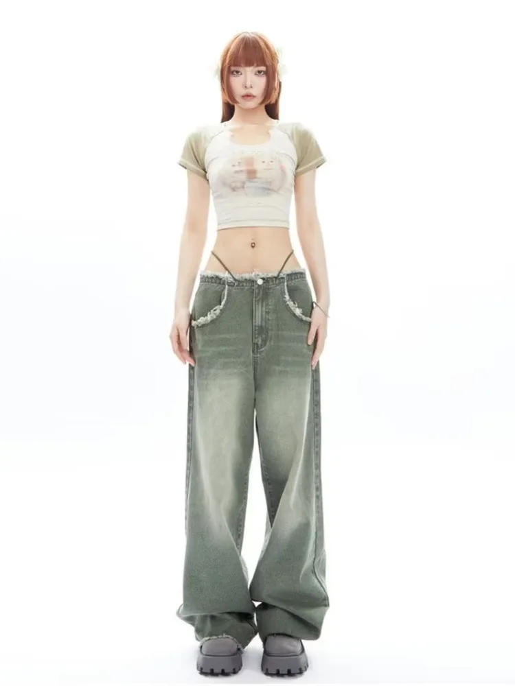 Vintage Vintage Green Wide Leg Jeans For Women's High Street High Waisted Drape Straight Leg Wide Leg Mop Pants For Women'sJeans