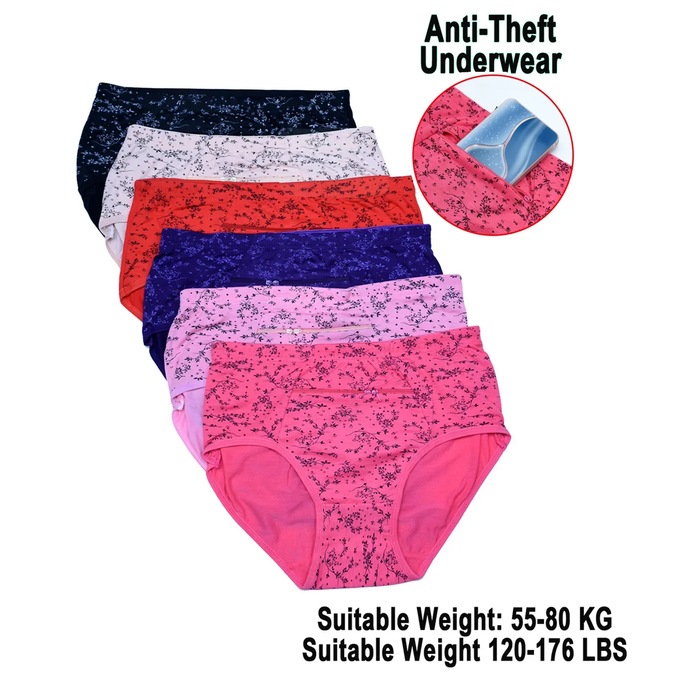 6pc Women Briefs Zipper Pocket Anti-Theft Cotton Breathable Comfort Stretch Antibacterial Floral Pocket Mommy Panties Underwear