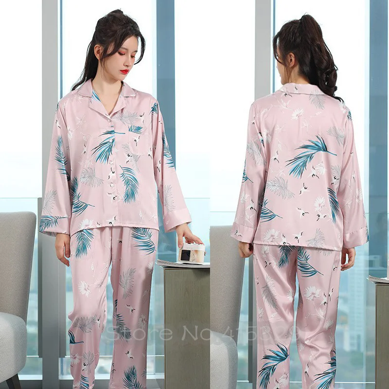 Women Ice Silk Long Sleeve Pajamas Set Pink Print Crane Two Piece Pjs Sleepwear Loose Homewear Sleepwear Female Satin Loungewear