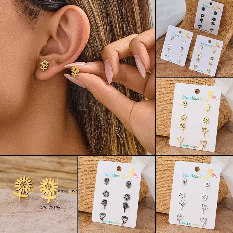 4 paar Vintage Edelstahl Sonnenblumen Ohrring Romantische Rose Blume Ohr Schmuck Set Mädchen Verlobung Ohrringe Geschenke Zubehör