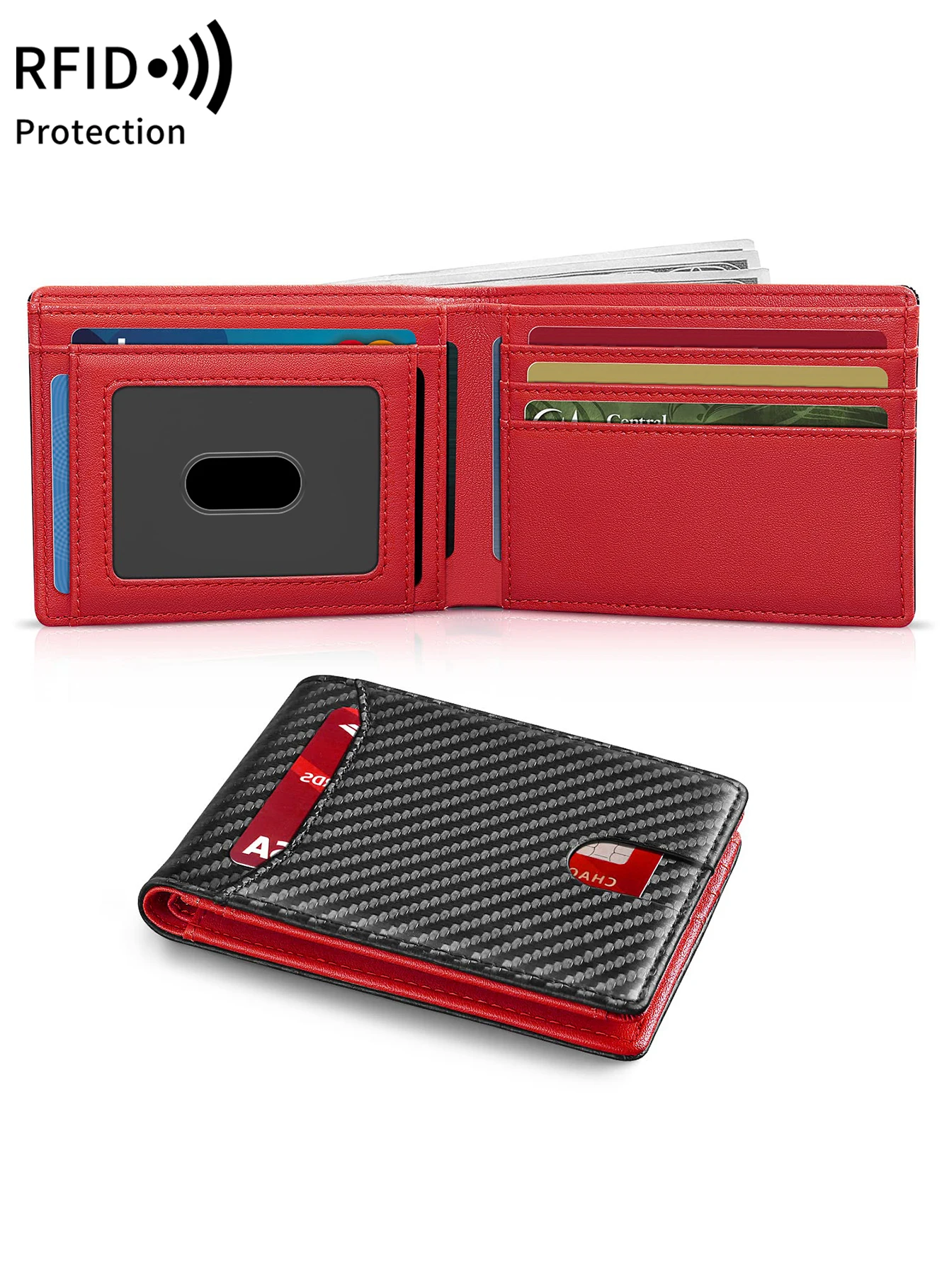 Cartera de cuero con bloqueo RFID ultrafina para hombre, billetera con bolsillo frontal plegable, gran capacidad, 8 tarjeteros/tarjetero corto con ventana de identificación