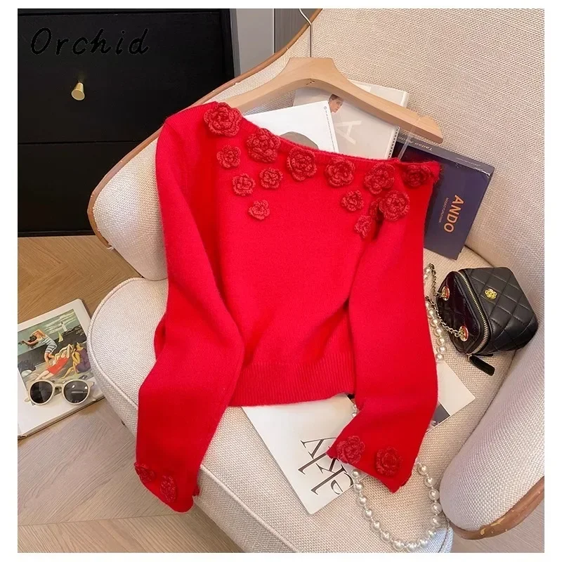 2024 Winter Hotsweet Casual T-Shirts Knit Long Sleeve Gyaru Red Pullovers Women Coquette Solid Color Sheath Ladies Sexy Sweater