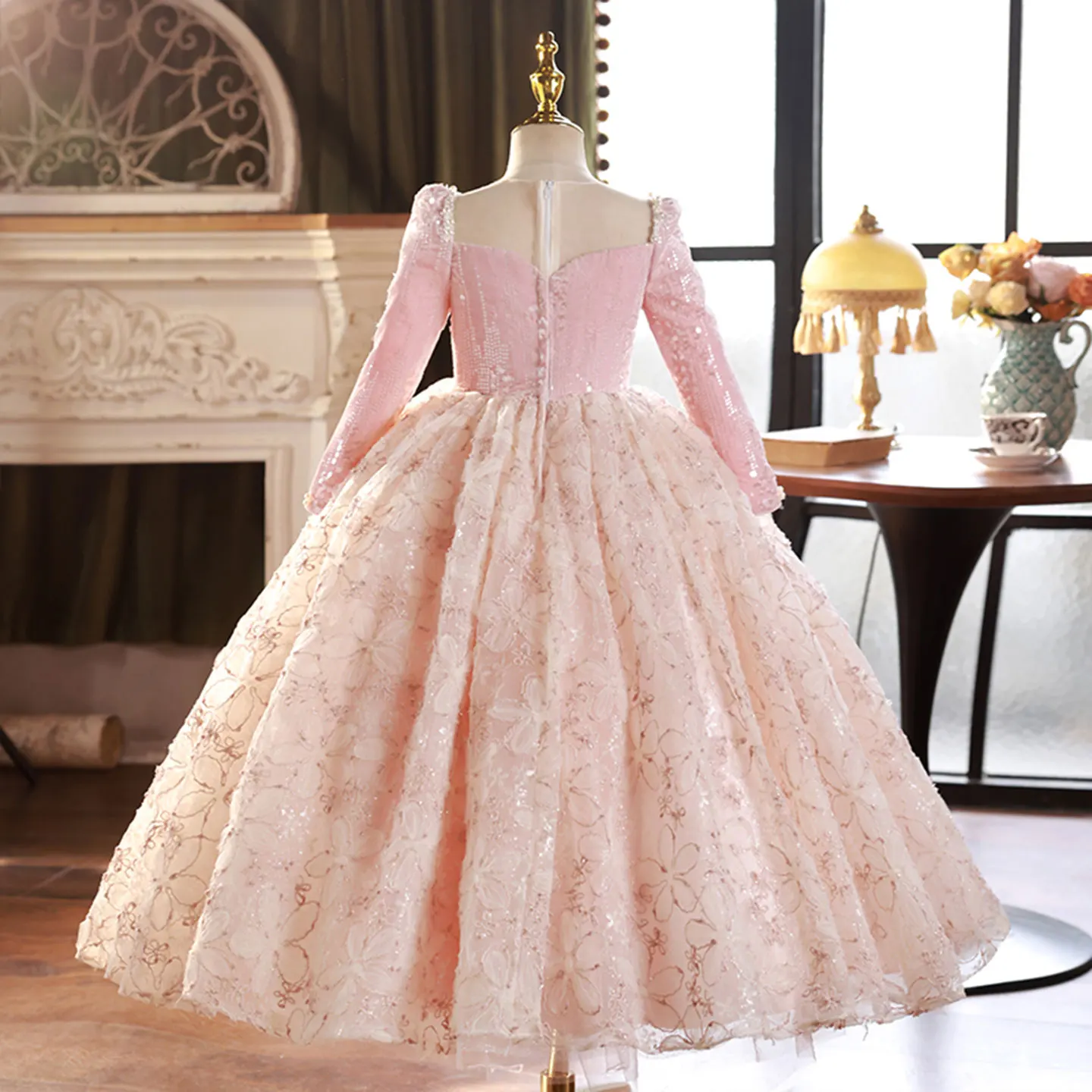 Jill Wish Luxus Rosa Langarm Perlen Prinzessin Geburtstag Mädchen Kleid Spitze für Kinder Geburtstag Hochzeit Festzug Party J292