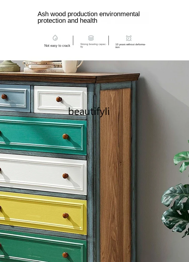 

2003Chest of Drawers Solid Wood Porch American Country Vintage Locker Painted Distressed Chest of Six Drawers Ash Wood Furniture