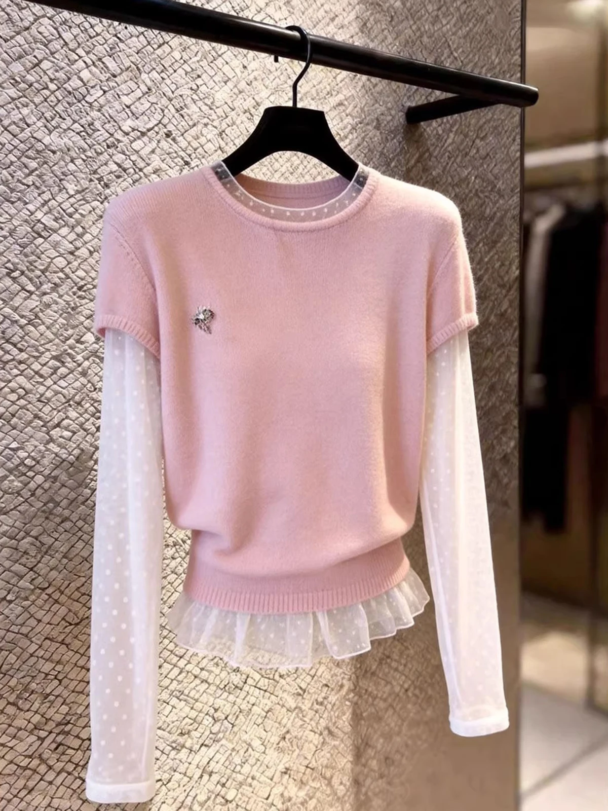 

Sweet Gentle Pink Lace Splice Long Sleeve T-Shirt Women's Style Beautiful Versatile Summer Casual Fashion Standard Fit round ...