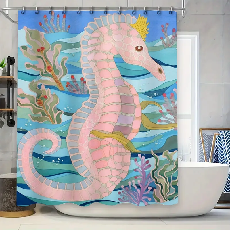 

Colorful Seahorse Shower Curtain Bathroom Decor Artistic Fabric Waterproof Bath Mat Cover for Home Use Pink Blue Seaside Underwa