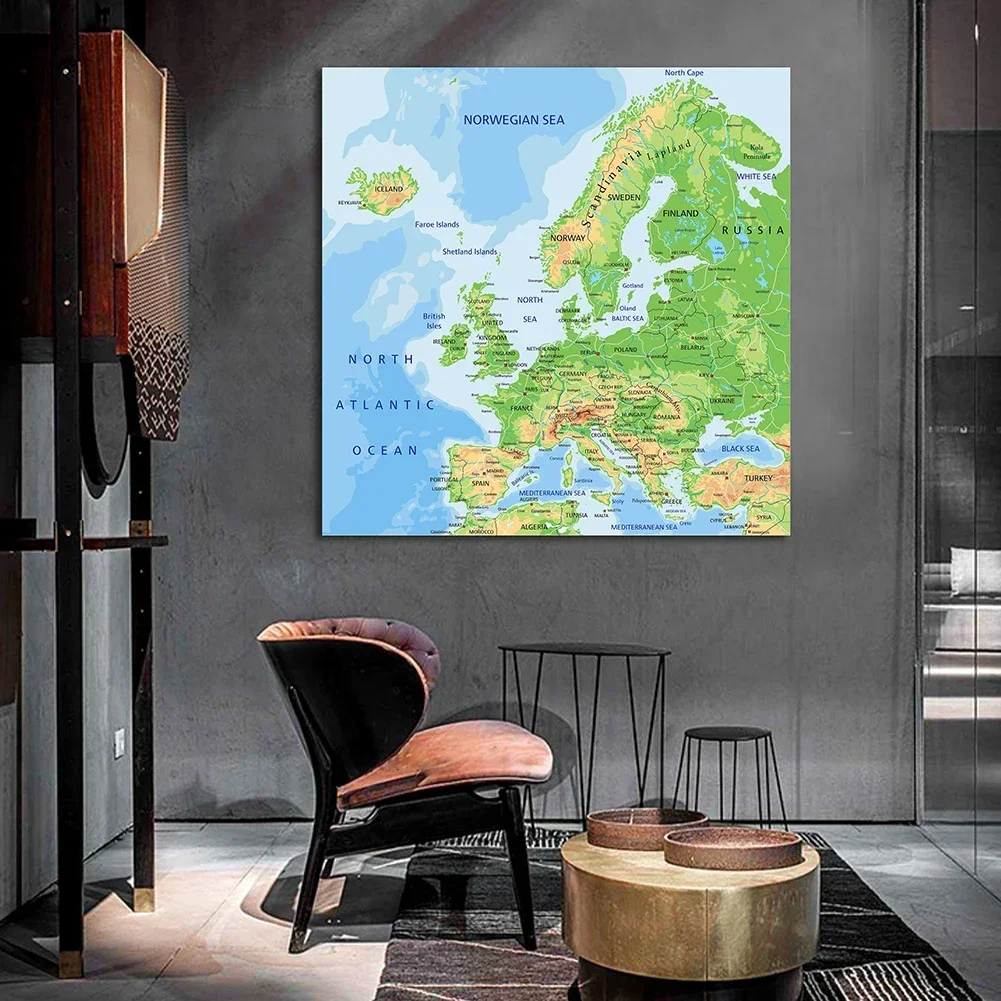 Peinture sur toile non tissée de la carte du terrain de l'Europe en anglais, grande affiche murale, décoration de chambre, fournitures scolaires, irritation, 150x150cm