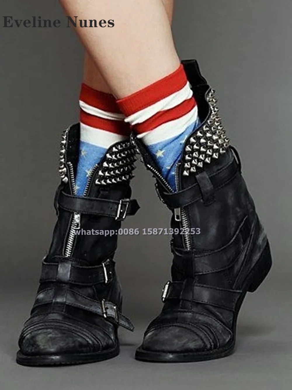 

Rivet Belt Buckle Ankle Boots Round Toe Square Heel Zipper Decoration V-Cut Retro Motorcycle Boots Punk Shoes 2024 Autumn Trend