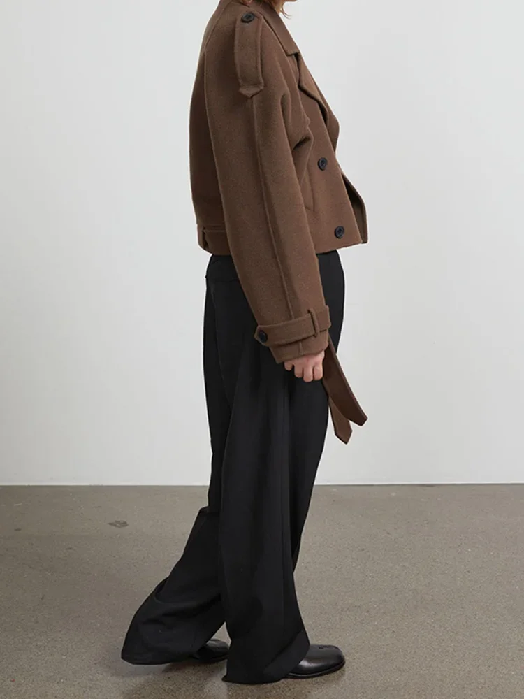 Autumn Brown Retro Woolen Coat Turn-down Collar Casual Jacket New Fashion Slim Fit Woolen Coat 2024 High Street Lady Outerwear