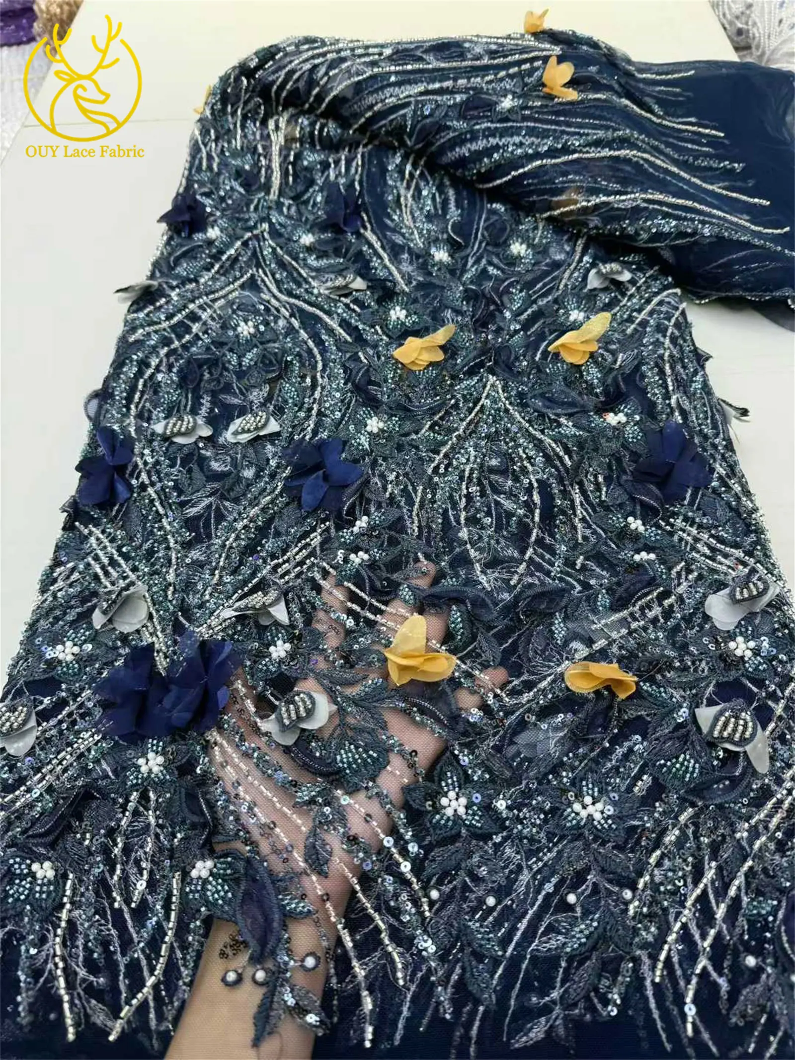 Neueste 3D Blumen Afrikanische Perlen-Spitzenstoff 2026 Französischer Nigerianischer Pailletten-Spitzenstoff für Braut Hochzeitskleid Material – Detail 6