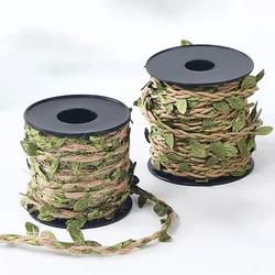 5M Jute Rope Simulation Leaf Ribbon Cord Natural Vintage Twine Ribbon with Artificial Leaves for Gift Party Christmas Decoration