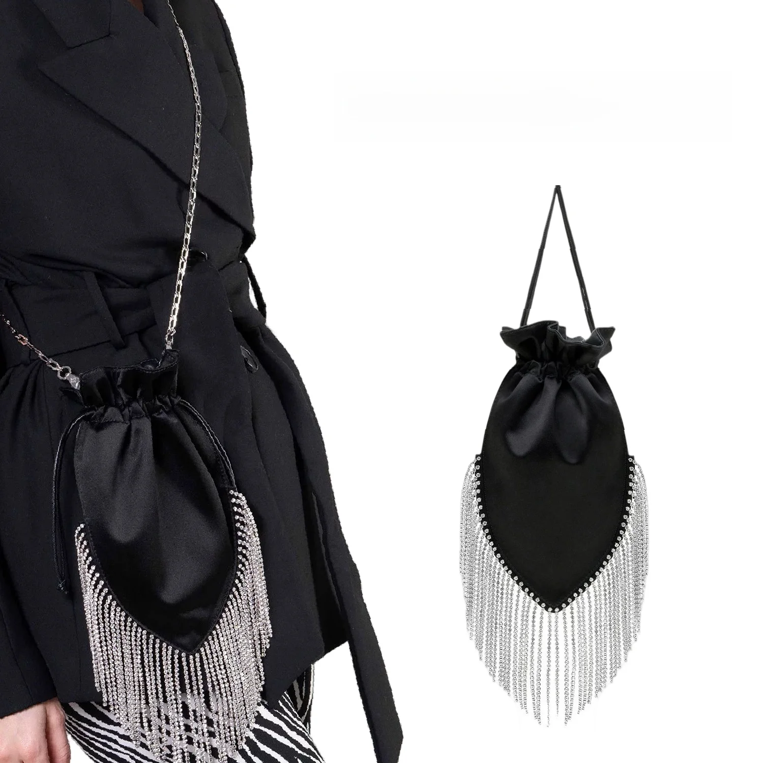 

Сумка через плечо из атласа с бриллиантовой отделкой и бахромой для женщин, блестящая сумка-цепочка, модная уличная сумка