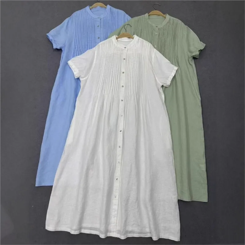 

Johnature Summer Japanese Linen Pleated Dress 2025 New Simple Casual Loose Versatile Short-sleeved O-neck Women Dresses
