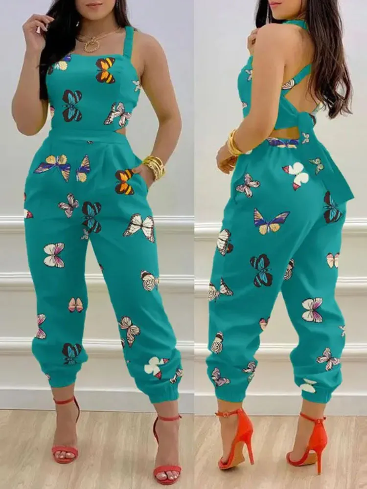 Jumpsuit Dài Nữ Thanh Lịch In Hình Bướm Crisscross Phối Ren Chi Tiết Hở Lưng Thời Trang Dễ Thương Xanh Jumpsuit Áo Phù Hợp Với Nữ