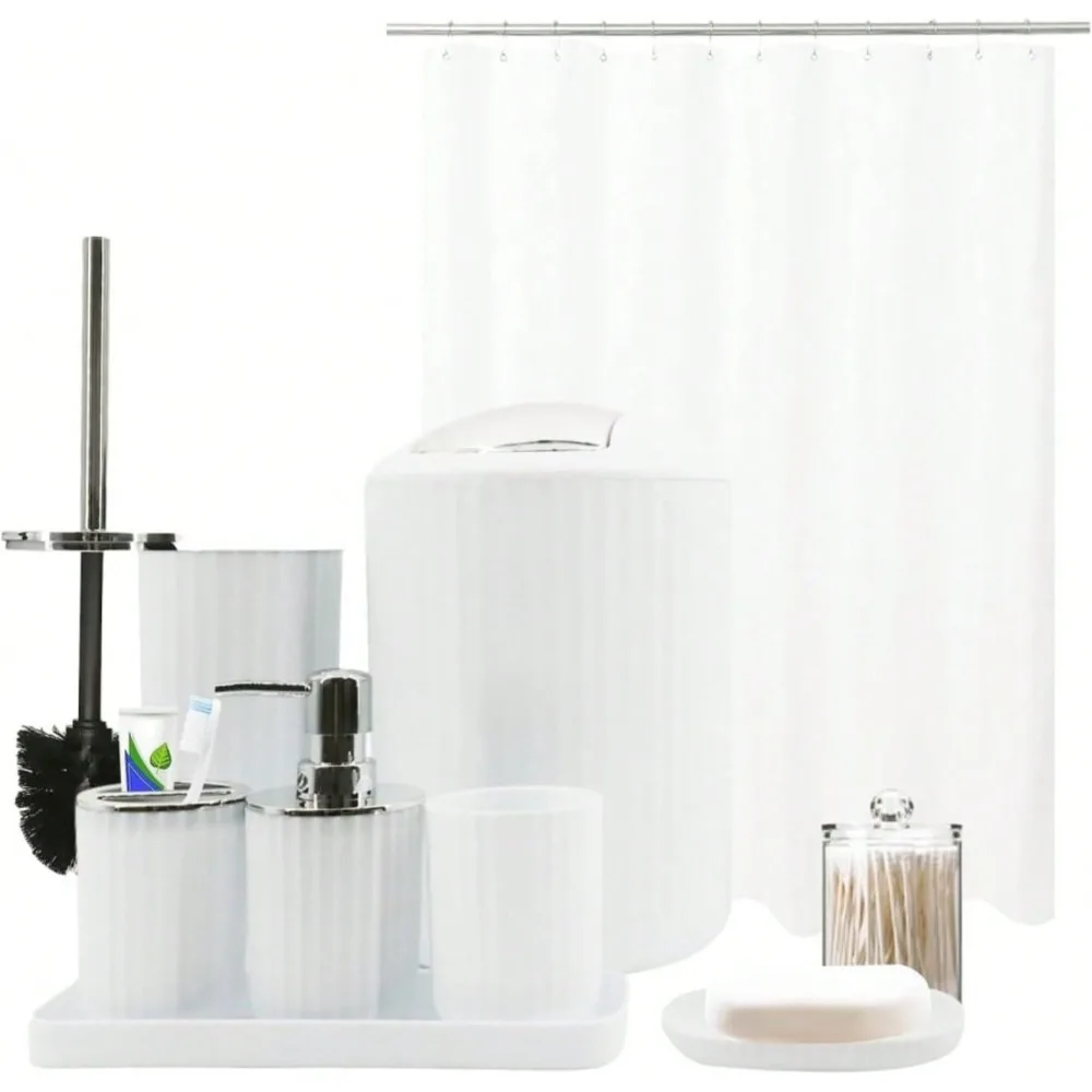 

Набор аксессуаров с душевой занавеской, мусорным ведром, дозатором для жидкого мыла, мыльницей, держателем для зубных щеток, подставкой для зубных щеток.