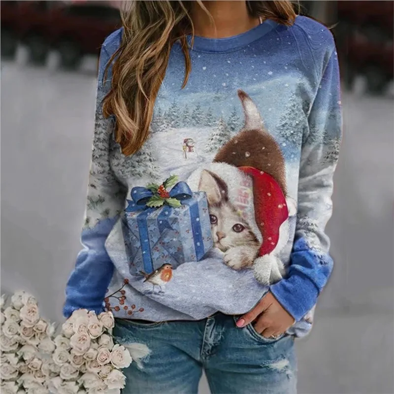 Women Sweatshirts 2024 Spring Autumn Print Long Sleeve O-Neck Fashion Casual Loose Vintage Commuting Lady Christmas Pullover Top