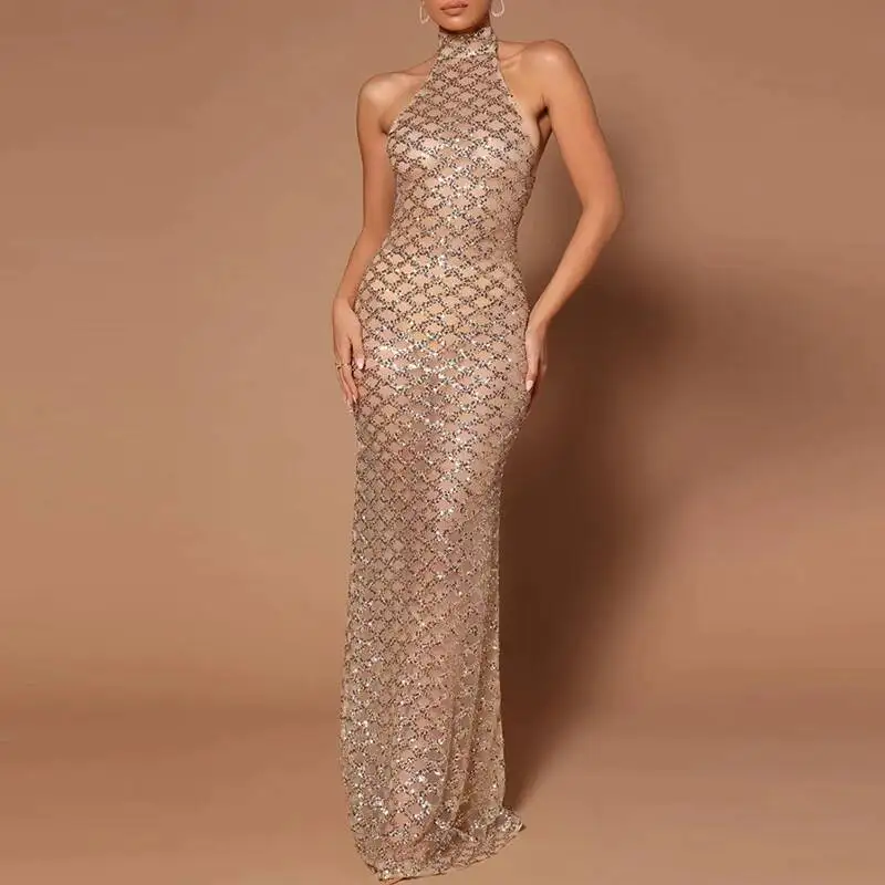 فستان نسائي نحيف هالتر مسائي مثير أنيق شبكي ترتر كامل الطول للحفلات أنيق بدون ظهر لامع
