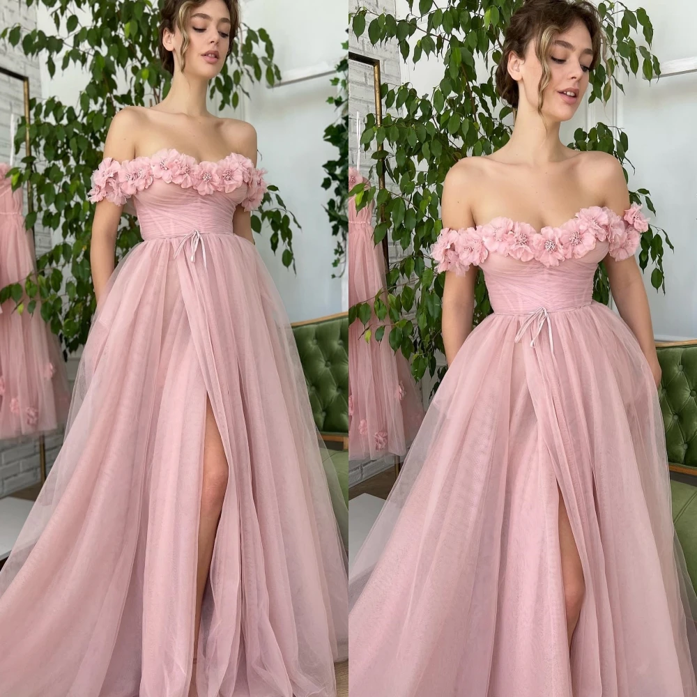 

Exquisite Sizes Available Bateall A-line Floor Length Evening Dresses Formal Ocassion Gown Flower Tulle فساتين سهره نسائيه فخمة