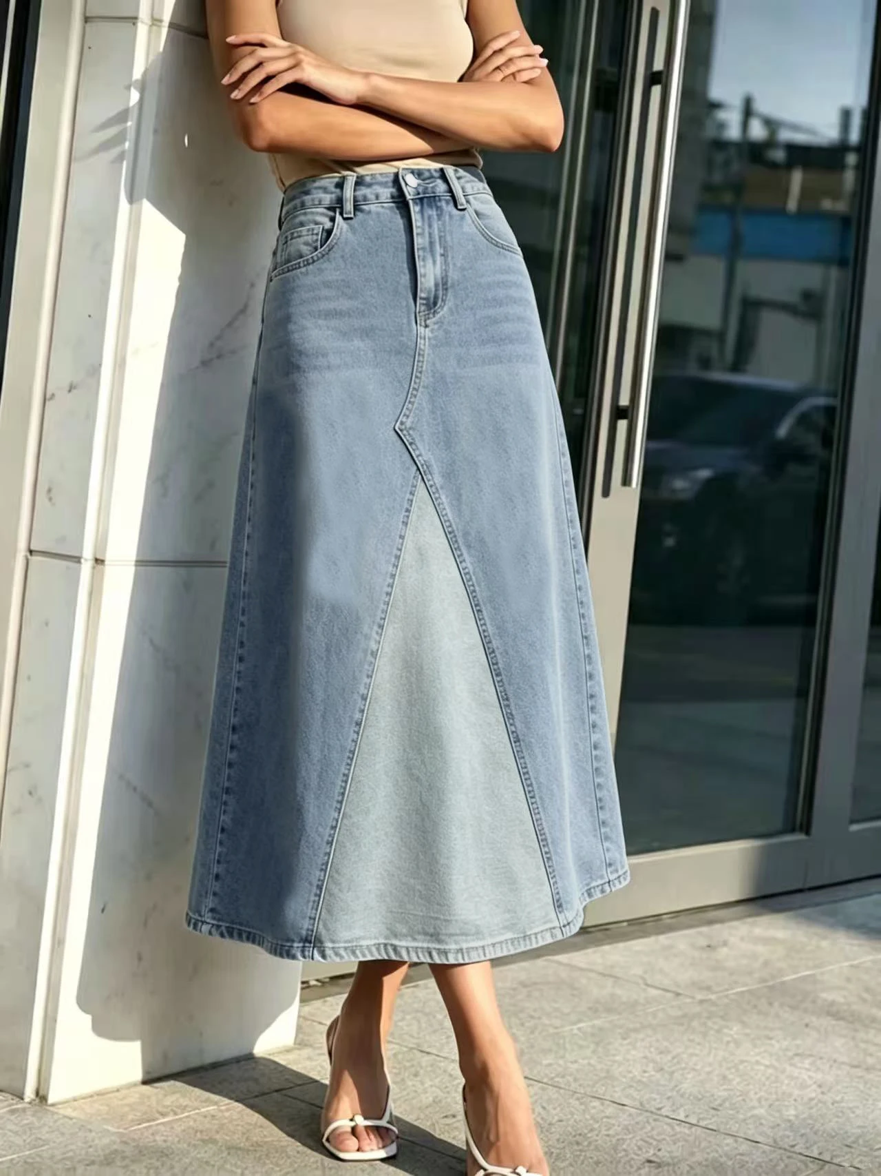 Light Blue Spliced High Waist A-Line Casual Denim Skirt for Women Versatile High Waist Ladies Jeans Skirt