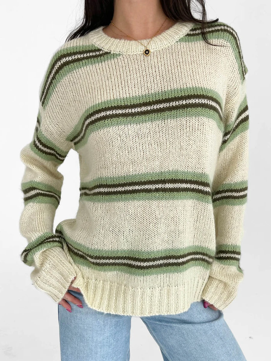 女性の居心地の良いクルーネックセーター、シックなストライプデザイン、秋のファッショニスタのための柔らかい長袖プルオーバーニットウェア