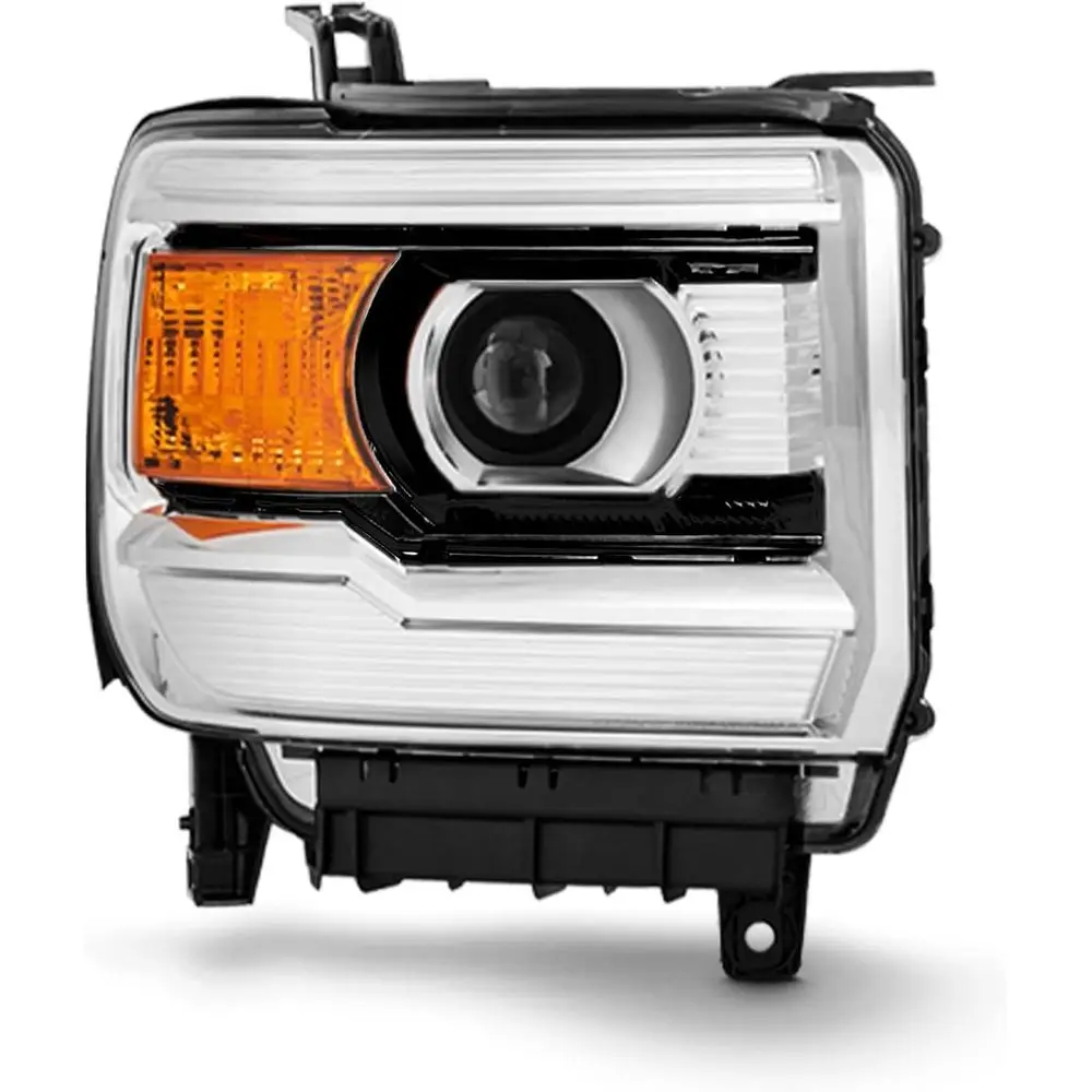 

- Fits 2014-2018 GMC Sierra 1500 2015-19 Sierra 2500HD 3500HD [Halogen Type] Headlight Chrome Headlamp Passenger Right Side