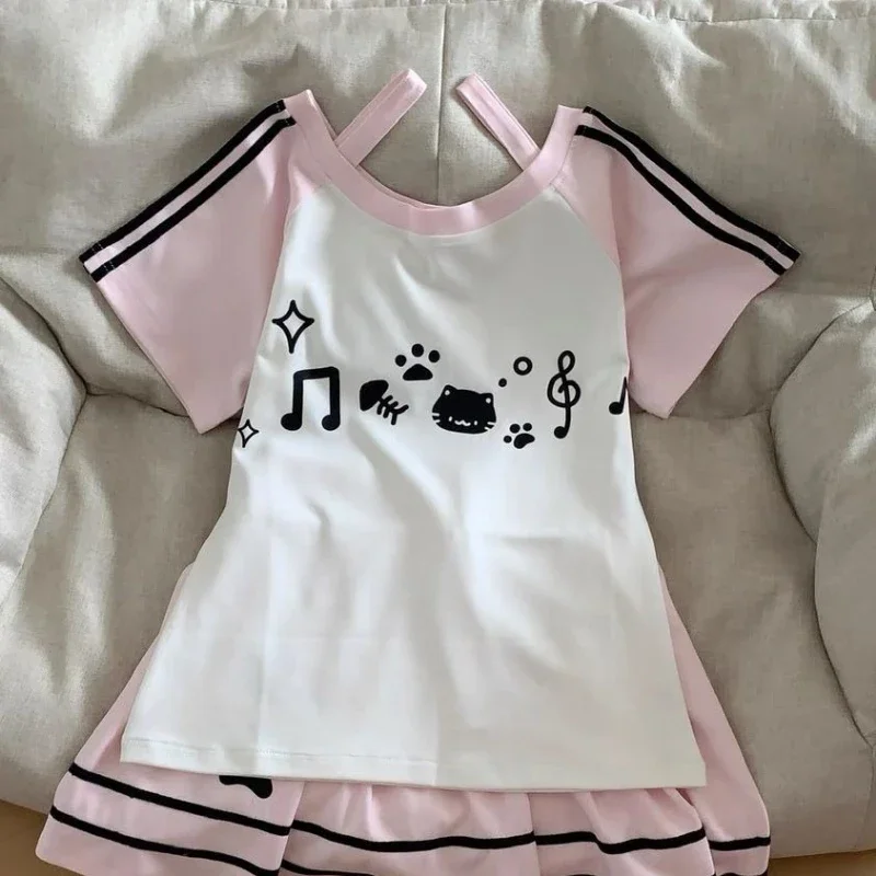 Japanese Kawaii Subculture Style 2 Piece Set Women Cute Cat Print Short Sleeve Tops A-Line Mini Skirt Sweet Lolita Outfit Summer image 4