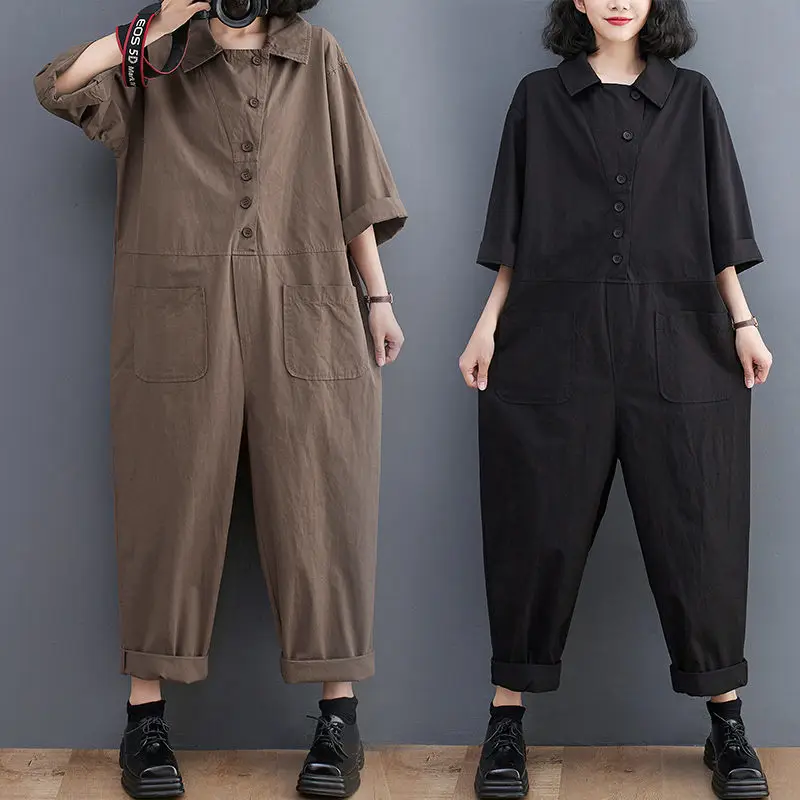 Half Sleeve Jumpsuit Overall 2023 Spring Literary And Artistic Korean Loose Casual Design Fashion Lapel Rompersuit Pants Z554