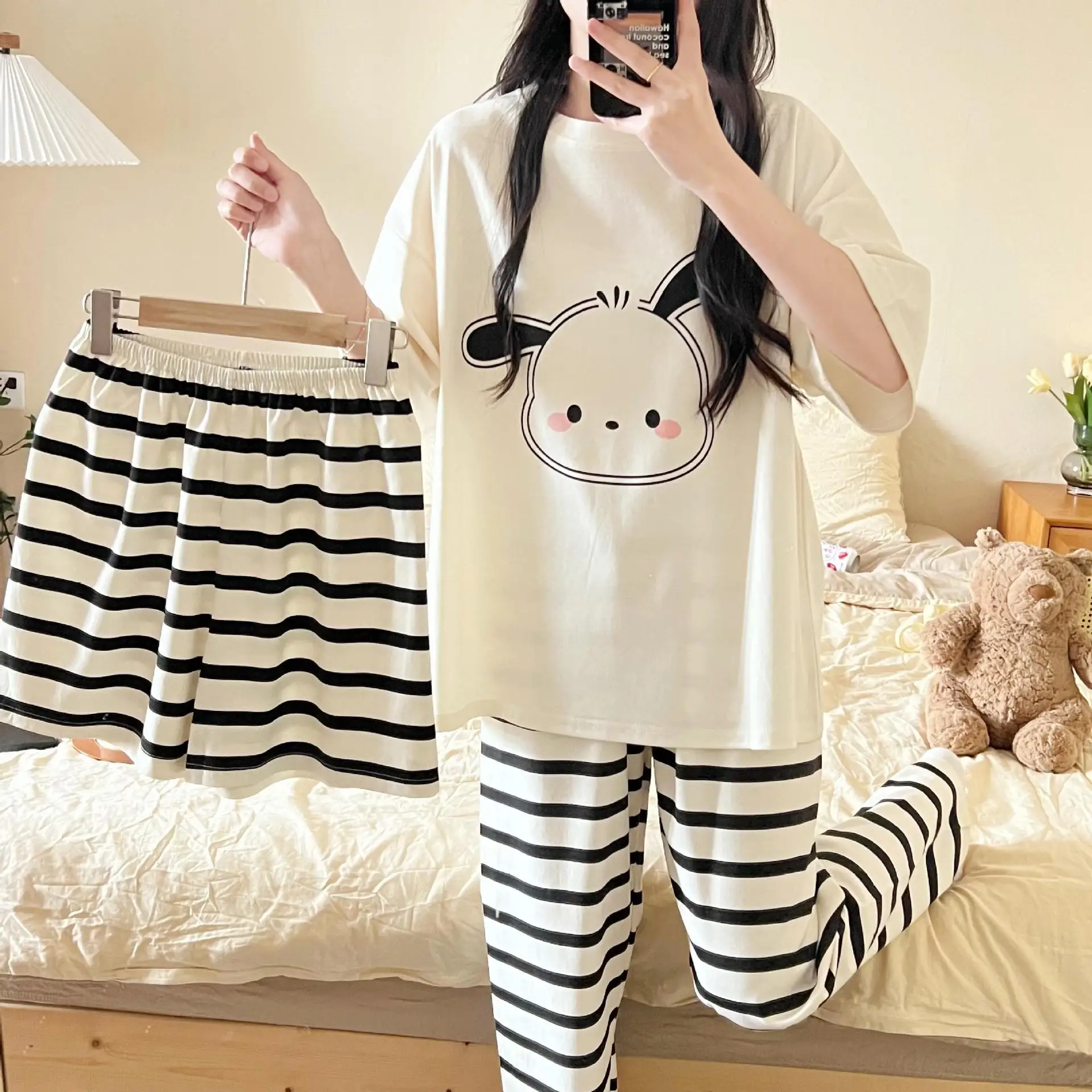 3Pcs My Melody Women Pajamas Set Summer Cute Pochacco Sanrio T-Shirt Shorts Pants Round Neck Print Loose Korean Student Homewear