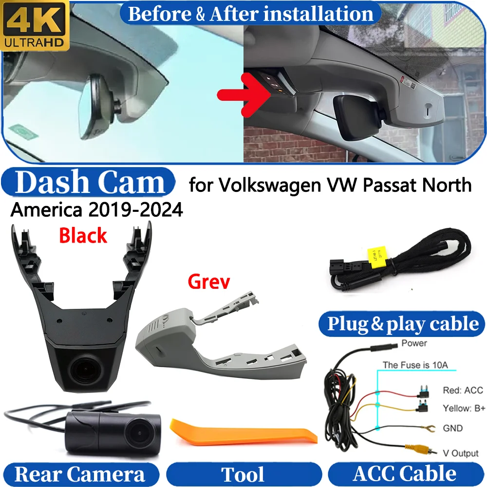 

Dash Cam for Volkswagen VW Passat North America 2019-2024 Front＆Rear 4K DVR Dashboard Camera Video Drive Recorder Night Vision