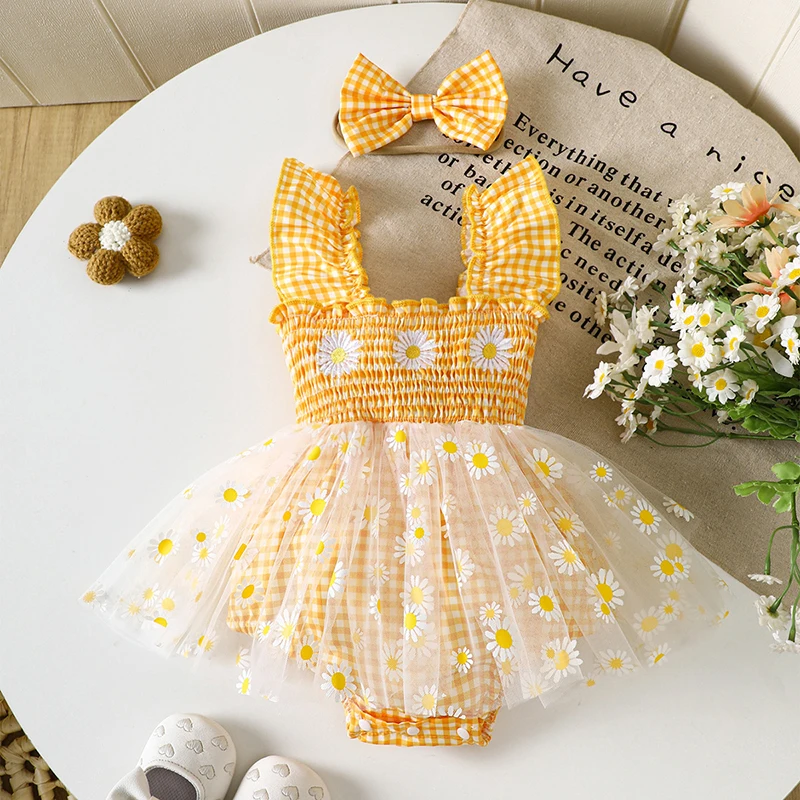 2025 Summer New Sweet Baby Girl Bodysuit Daisy Embroidery Mesh Plaid Infant One Piece Newborn Jumpsuit Toddler Clothing 0-18M