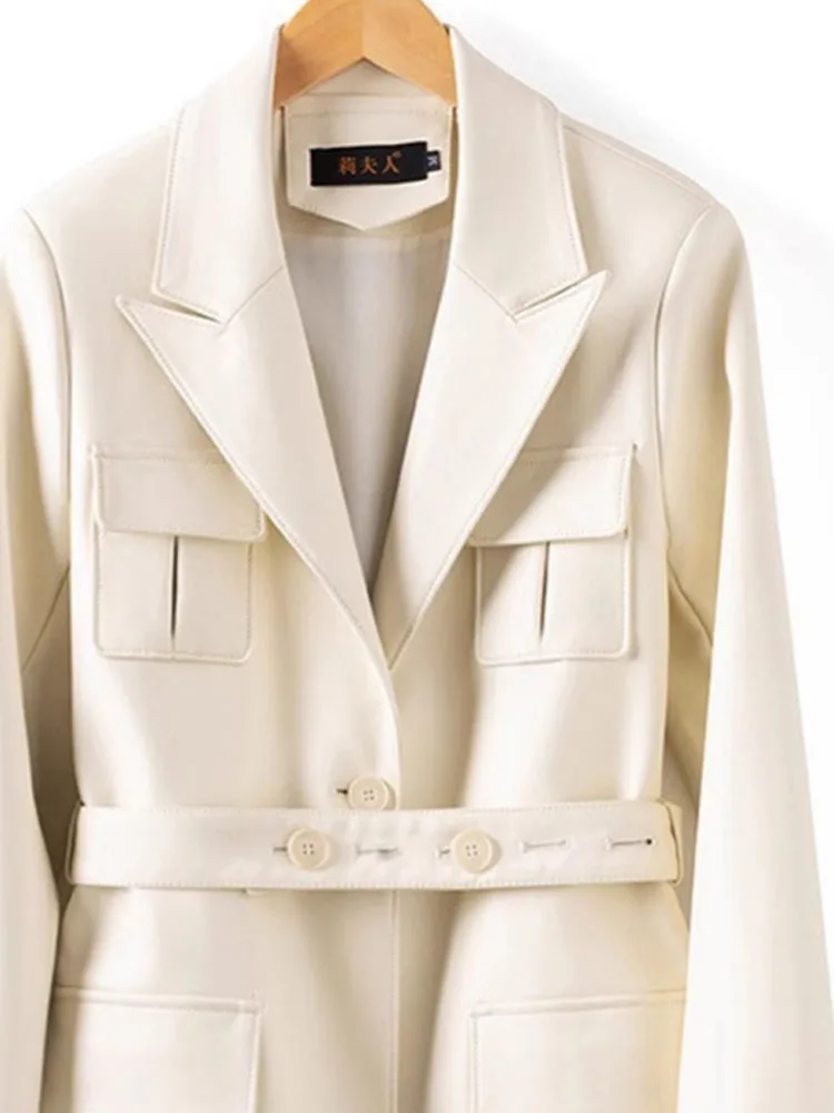 Medium to long length suit collar casual leather jacket Spring and Autumn new style women slimming retro windbreaker jacket