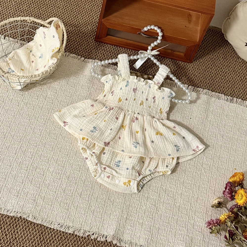 0-24 M Baby Girls Camisole Bodysuit Ruffle Style  Cotton Toddler Girls One Piece Sweet Full Of Bow Print Infant Outfit With Hat
