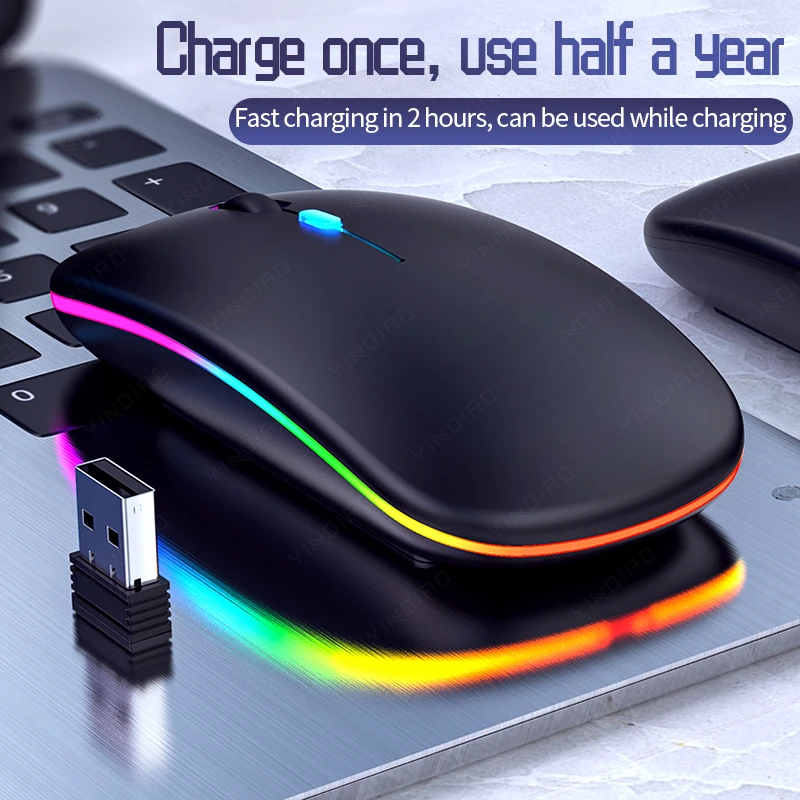 Ratón inalámbrico recargable para juegos, Mouse Ultra delgado silencioso LED retroiluminado de colores para ordenador, portátil y PC