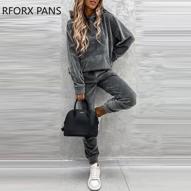 Women Solid Plain Pocket Design Hooded Top & Pants Set Two Pieces Casual Women Sets