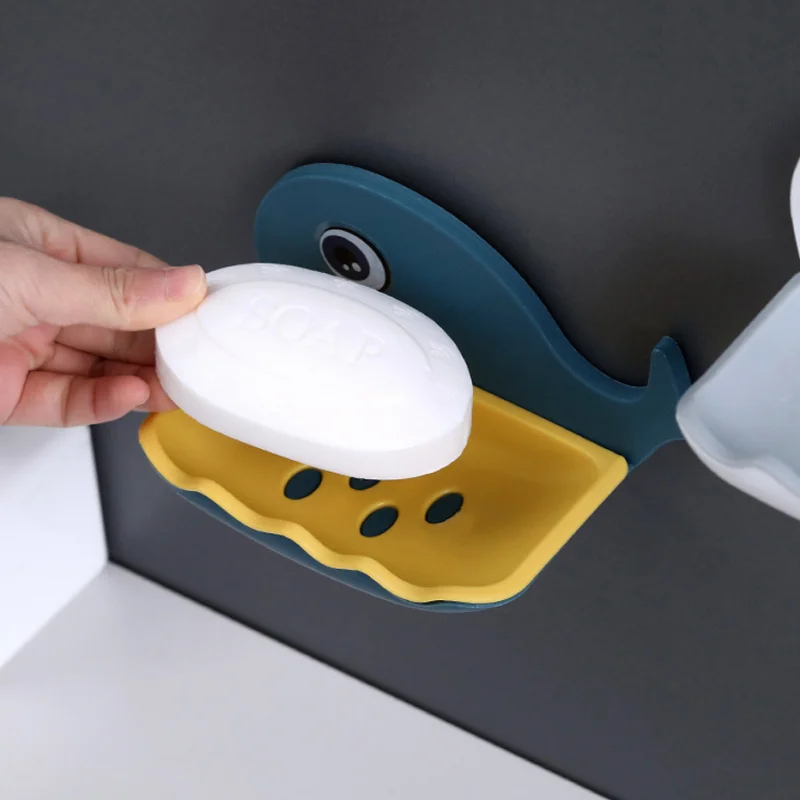 Wall Mounted Soaps Box Cute Cartoon Whale Soap Dish Holder Bathroom Storage Shelf Plastic Draining Organizer Tray