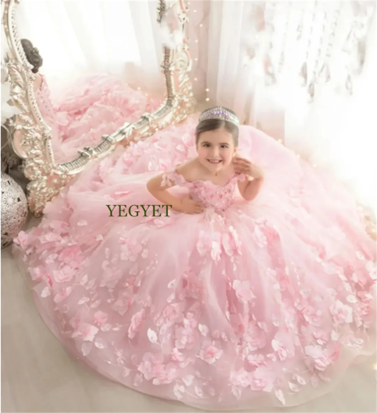 

Flower Girl Dress A-line Skirt with Three Dimensional Petals Scattered All Over the Gown and Embroidered Vines Lace Up