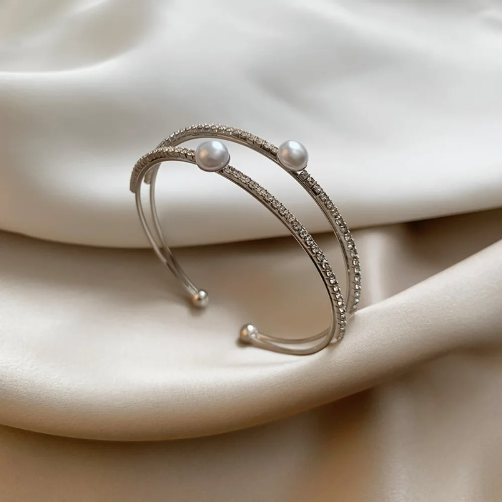 Simple Pearl Opening Bangles Double-layer Bridal Jewelry Rhinestone Bracelet Hand Ring Wrist Ornament Wedding Prom