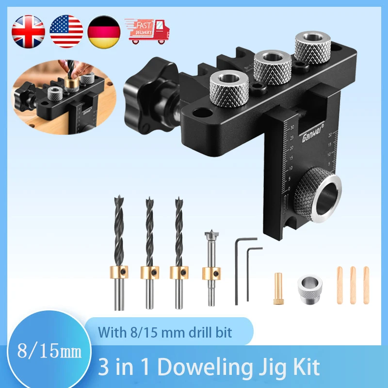 Doweling Jig Kit 3 In 1 Woodworking Drilling  8/10/15mm Pin Fixture Puncher Locator Dowel Drill Guide Kit With 4 Drill Bits