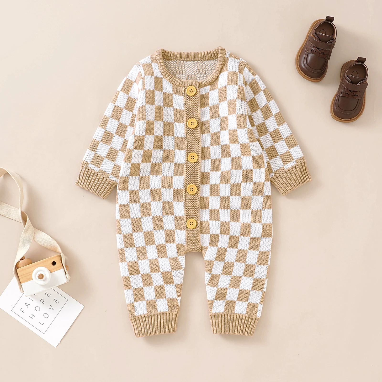 Infant Baby Girl Boy Knitted Sweater Romper Jumpsuit Checkerboard Plaid Print Long Sleeve Button Down Bodysuit Playsuits Clothes